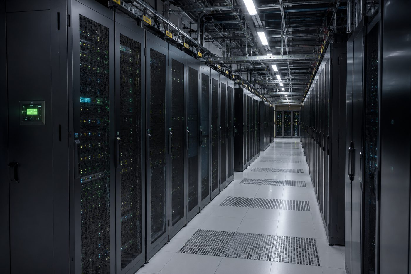 Moderne datasenter med servere som driver AI-løsninger